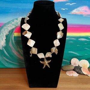 Seashell Mosaic Mother-of-Pearl Necklace with Gold Starfish Pendant